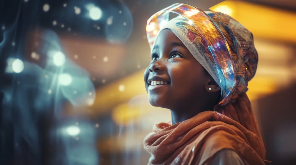 Jeune fille avec un visor futuriste symbolisant l'avenir du digital
